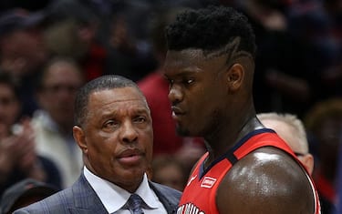 NEW ORLEANS, LOUISIANA - JANUARY 22: Zion Williamson #1 of the New Orleans Pelicans talks with Head Coach Alvin Gentry of the New Orleans Pelicans at Smoothie King Center on January 22, 2020 in New Orleans, Louisiana. NOTE TO USER: User expressly acknowledges and agrees that, by downloading and/or using this photograph, user is consenting to the terms and conditions of the Getty Images License Agreement.   (Photo by Chris Graythen/Getty Images)