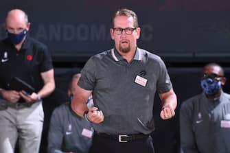 Orlando, FL - AUGUST 5: Head Coach Nick Nurse of the Toronto Raptors looks on during the game against the Orlando Magic on August 5, 2020 at Visa Athletic Center at ESPN Wide World of Sports in Orlando, Florida. NOTE TO USER: User expressly acknowledges and agrees that, by downloading and/or using this Photograph, user is consenting to the terms and conditions of the Getty Images License Agreement. Mandatory Copyright Notice: Copyright 2020 NBAE (Photo by Garrett Ellwood/NBAE via Getty Images)