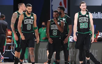 ORLANDO, FL - AUGUST 9: Boston Celtics players walk on the court during the game on August 9, 2020 at The AdventHealth Arena at ESPN Wide World of Sports in Orlando, Florida. NOTE TO USER: User expressly acknowledges and agrees that, by downloading and/or using this Photograph, user is consenting to the terms and conditions of the Getty Images License Agreement. Mandatory Copyright Notice: Copyright 2020 NBAE (Photo by David Sherman/NBAE via Getty Images)