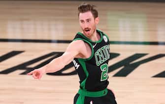 LAKE BUENA VISTA, FLORIDA - AUGUST 09: Gordon Hayward #20 of the Boston Celtics reacts after making a three point basket against the Orlando Magic during the first half of a NBA basketball game at AdventHealth Arena at the ESPN Wide World Of Sports Complex on August 9, 2020 in Lake Buena Vista, Florida. NOTE TO USER: User expressly acknowledges and agrees that, by downloading and or using this photograph, User is consenting to the terms and conditions of the Getty Images License Agreement. (Photo by Kim Klement-Pool/Getty Images)