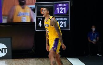Orlando, FL - AUGUST 10: Kyle Kuzma #0 of the Los Angeles Lakers reacts after a game winning shot against the Denver Nuggets on August 10, 2020 at the AdventHealth Arena at in Orlando, Florida. NOTE TO USER: User expressly acknowledges and agrees that, by downloading and/or using this Photograph, user is consenting to the terms and conditions of the Getty Images License Agreement. Mandatory Copyright Notice: Copyright 2020 NBAE (Photo by Jesse D. Garrabrant/NBAE via Getty Images)