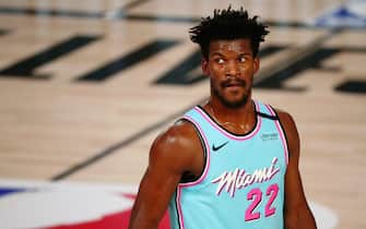 Aug 10, 2020; Lake Buena Vista, Florida, USA; Miami Heat forward Jimmy Butler (22) looks on between plays during the first half of a NBA basketball game against the Indiana Pacers at Visa Athletic Center. Mandatory Credit: Kim Klement-USA TODAY Sports