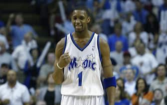 ORLANDO, FL - APRIL 25:  Tracy McGrady #1 of the Orlando Magic waits for play down court in Game three of the Eastern Conference Quarterfinals against the Detroit Pistons during the 2003 NBA Playoffs at TD Waterhouse Centre on April 25, 2003 in Orlando, Florida.  The Magic won 89-80.  NOTE TO USER:  User expressly acknowledges and agrees that, by downloading and/or using this Photograph, User is consenting to the terms and conditions of the Getty Images License Agreement.  (Photo by: Andy Lyons/Getty Images)
