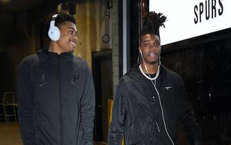 LOS ANGELES, CA - FEBRUARY 3: Keldon Johnson #3 and Lonnie Walker IV #1 of the San Antonio Spurs arrive to the game against the LA Clippers on February 3, 2020 at STAPLES Center in Los Angeles, California. NOTE TO USER: User expressly acknowledges and agrees that, by downloading and/or using this Photograph, user is consenting to the terms and conditions of the Getty Images License Agreement. Mandatory Copyright Notice: Copyright 2020 NBAE (Photo by Andrew D. Bernstein/NBAE via Getty Images)
