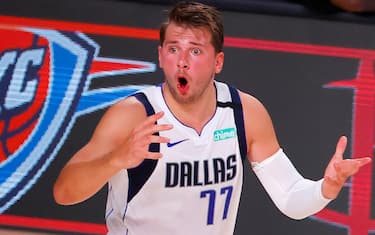 LAKE BUENA VISTA, FLORIDA - AUGUST 17: Luka Doncic #77 of the Dallas Mavericks reacts to a foul call during the second quarter against the LA Clippers in Game One of the Western Conference First Round during the 2020 NBA Playoffs at AdventHealth Arena at ESPN Wide World Of Sports Complex on August 17, 2020 in Lake Buena Vista, Florida. (Photo by Kevin C. Cox/Getty Images)