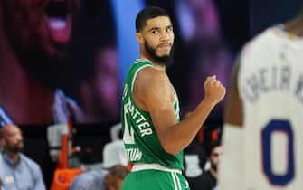 ORLANDO, FL - AUGUST 19: Jayson Tatum #0 of the Boston Celtics reacts to play during Round One, Game Two of the NBA Playoffs on August 19, 2020 at The Field House in Orlando, Florida. NOTE TO USER: User expressly acknowledges and agrees that, by downloading and/or using this Photograph, user is consenting to the terms and conditions of the Getty Images License Agreement. Mandatory Copyright Notice: Copyright 2020 NBAE (Photo by Jesse D. Garrabrant/NBAE via Getty Images)