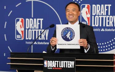 SECAUCUS, NJ - AUGUST 20: Deputy Commissioner of the NBA, Mark Tatum holds up the card of the Minnesota Timberwolves after they get the 1st overall pick in the NBA Draft during the 2020 NBA Draft Lottery on August 20, 2020 at the NBA Entertainment Studios in Secaucus, New Jersey. NOTE TO USER: User expressly acknowledges and agrees that, by downloading and/or using this photograph, user is consenting to the terms and conditions of the Getty Images License Agreement. Mandatory Copyright Notice: Copyright 2020 NBAE (Photo by Steven Freeman/NBAE via Getty Images)
