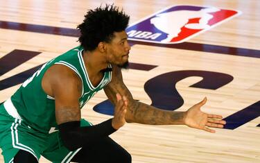 LAKE BUENA VISTA, FLORIDA - AUGUST 19: Marcus Smart #36 of the Boston Celtics reacts after a turnover against the Philadelphia 76ers during the second quarter in Game Two of the Eastern Conference First Round during the 2020 NBA Playoffs at The Field House at ESPN Wide World Of Sports Complex on August 19, 2020 in Lake Buena Vista, Florida. NOTE TO USER: User expressly acknowledges and agrees that, by downloading and or using this photograph, User is consenting to the terms and conditions of the Getty Images License Agreement. (Photo by Kevin C. Cox/Getty Images)