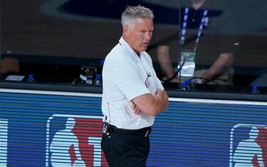 LAKE BUENA VISTA, FLORIDA - AUGUST 14: Head Coach Brett Brown of the Philadelphia 76ers stands on the sidelines during the second half of an NBA basketball game against the Houston Rockets at the ESPN Wide World Of Sports Complex on August 14, 2020 in Lake Buena Vista, Florida. NOTE TO USER: User expressly acknowledges and agrees that, by downloading and or using this photograph, User is consenting to the terms and conditions of the Getty Images License Agreement. (Photo by Ashley Landis-Pool/Getty Images)
