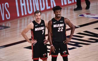 ORLANDO, FL - AUGUST 22: Goran Dragic and Jimmy Butler of the Miami Heat in the game against the Indiana Pacers for Game three of the first round of the 2020 Playoffs as part of the NBA Restart 2020 on August 22, 2020 at AdventHealth Arena in Orlando, Florida. NOTE TO USER: User expressly acknowledges and agrees that, by downloading and/or using this photograph, user is consenting to the terms and conditions of the Getty Images License Agreement.  Mandatory Copyright Notice: Copyright 2020 NBAE (Photo by David Dow/NBAE via Getty Images)