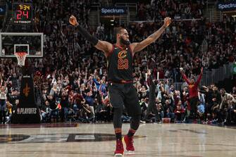 CLEVELAND, OH - APRIL 29:  LeBron James #23 of the Cleveland Cavaliers reacts in Game Seven of Round One of the 2018 NBA Playoffs against the Indiana Pacers on April 29, 2018 at Quicken Loans Arena in Cleveland, Ohio.  NOTE TO USER: User expressly acknowledges and agrees that, by downloading and or using this Photograph, user is consenting to the terms and conditions of the Getty Images License Agreement. Mandatory Copyright Notice: Copyright 2018 NBAE (Photo by Nathaniel S. Butler/NBAE via Getty Images)