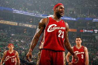 BOSTON - MAY 18:  LeBron James #23 of the Cleveland Cavaliers reacts to a call in Game Seven of the Eastern Conference Semifinals against the Boston Celtics during the 2008 NBA Playoffs on May 18, 2008 at TD Banknorth Garden in Boston, Massachusetts.  The Celtics won 97-92.  NOTE TO USER: User expressly acknowledges and agrees that, by downloading and/or using this Photograph, user is consenting to the terms and conditions of the Getty Images License Agreement. Mandatory Copyright Notice: Copyright 2008 NBAE (Photo by Nathaniel S. Butler/NBAE via Getty Images) 