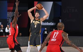 1228289746 Orlando, FL - AUGUST 31: Danilo Gallinari #8 of the Oklahoma City Thunder handles the ball against the Houston Rockets during Round One, Game Six of the NBA Playoffs on August 31, 2020 in Orlando, Florida at AdventHealth Arena. NOTE TO USER: User expressly acknowledges and agrees that, by downloading and/or using this Photograph, user is consenting to the terms and conditions of the Getty Images License Agreement. Mandatory Copyright Notice: Copyright 2020 NBAE (Photo by Andrew D. Bernstein/NBAE via Getty Images)