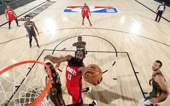 ORLANDO, FL - AUGUST 31: James Harden #13 of the Houston Rockets shoots the ball against the Oklahoma City Thunder during Round One, Game Six of the NBA Playoffs on August 31, 2020 at the AdventHealth Arena at ESPN Wide World Of Sports Complex in Orlando, Florida. NOTE TO USER: User expressly acknowledges and agrees that, by downloading and/or using this Photograph, user is consenting to the terms and conditions of the Getty Images License Agreement. Mandatory Copyright Notice: Copyright 2020 NBAE (Photo by Nathaniel S. Butler/NBAE via Getty Images)