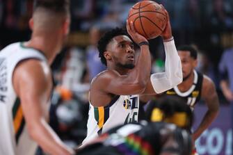 Orlando, FL - AUGUST 19: Donovan Mitchell #45 of the Utah Jazz shoots the ball against the Denver Nuggets during Round One, Game Two of the NBA Playoffs on August 19, 2020 at The AdventHealth Arena in Orlando, Florida. NOTE TO USER: User expressly acknowledges and agrees that, by downloading and/or using this Photograph, user is consenting to the terms and conditions of the Getty Images License Agreement. Mandatory Copyright Notice: Copyright 2020 NBAE (Photo by Joe Murphy/NBAE via Getty Images)