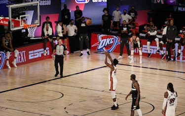 LAKE BUENA VISTA, FLORIDA - SEPTEMBER 02: Jimmy Butler #22 of the Miami Heat shoots free throws to win the game against Milwaukee Bucks during the fourth quarter in Game Two of the Eastern Conference Second Round during the 2020 NBA Playoffs at the Field House at ESPN Wide World Of Sports Complex on September 02, 2020 in Lake Buena Vista, Florida. NOTE TO USER: User expressly acknowledges and agrees that, by downloading and or using this photograph, User is consenting to the terms and conditions of the Getty Images License Agreement. (Photo by Mike Ehrmann/Getty Images)