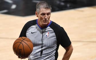 SAN ANTONIO, TX - APRIL 20: Referee Scott Foster looks on during Game Four of Round One of the 2019 NBA Playoffs between the Denver Nuggets and the San Antonio Spurs on April 20, 2019 at the AT&T Center in San Antonio, Texas. NOTE TO USER: User expressly acknowledges and agrees that, by downloading and/or using this photograph, user is consenting to the terms and conditions of the Getty Images License Agreement. Mandatory Copyright Notice: Copyright 2019 NBAE (Photo by Garrett Ellwood/NBAE via Getty Images)