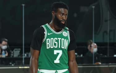 Orlando, FL - SEPTEMBER 3: Jaylen Brown #7 of the Boston Celtics looks on during the game against the Toronto Raptors during Game Three of the Eastern Conference Semifinals on September 3, 2020 in Orlando, Florida at The Field House. NOTE TO USER: User expressly acknowledges and agrees that, by downloading and/or using this Photograph, user is consenting to the terms and conditions of the Getty Images License Agreement. Mandatory Copyright Notice: Copyright 2020 NBAE (Photo by Nathaniel S. Butler/NBAE via Getty Images)