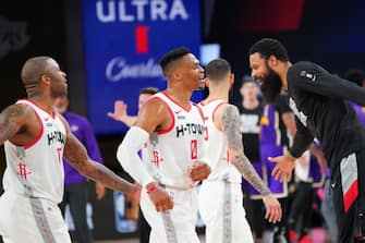ORLANDO, FL - SEPTEMBER 4: Russell Westbrook #0 of the Houston Rockets reacts to play with teammates during Game One of the Western Conference SemiFinals of the NBA Playoffs on September 4, 2020 at AdventHealth Arena in Orlando, Florida. NOTE TO USER: User expressly acknowledges and agrees that, by downloading and/or using this Photograph, user is consenting to the terms and conditions of the Getty Images License Agreement. Mandatory Copyright Notice: Copyright 2020 NBAE (Photo by Jesse D. Garrabrant/NBAE via Getty Images)