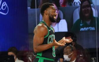 ORLANDO, FL - SEPTEMBER 7: Kemba Walker #8 of the Boston Celtics reacts during a game against the Toronto Raptors during Game Three of the Eastern Conference Semifinals of the NBA Playoffs on September 7, 2020 at the The Field House at ESPN Wide World Of Sports Complex in Orlando, Florida. NOTE TO USER: User expressly acknowledges and agrees that, by downloading and/or using this Photograph, user is consenting to the terms and conditions of the Getty Images License Agreement. Mandatory Copyright Notice: Copyright 2020 NBAE (Photo by Jesse D. Garrabrant/NBAE via Getty Images)