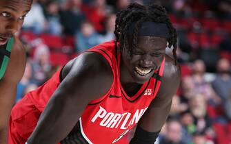 PORTLAND, OR - FEBRUARY 25: Wenyen Gabriel #35 of the Portland Trail Blazers smiles during a game against the Boston Celtics on February 25, 2020 at the Moda Center Arena in Portland, Oregon. NOTE TO USER: User expressly acknowledges and agrees that, by downloading and or using this photograph, user is consenting to the terms and conditions of the Getty Images License Agreement. Mandatory Copyright Notice: Copyright 2020 NBAE (Photo by Sam Forencich/NBAE via Getty Images)