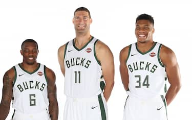 MILWAUKEE, WI - OCTOBER 4: Khris Middleton #22, Eric Beldsoe #6, Brook Lopez #11, and Giannis Antetokounmpo #34 of the Milwaukee Bucks pose for a portrait during Media Day at the Froedtert & the Medical College of Wisconsin Sports Science Center on October 4, 2019 in Milwaukee, Wisconsin. NOTE TO USER: User expressly acknowledges and agrees that, by downloading and/or using this photograph, user is consenting to the terms and conditions of the Getty Images License Agreement. Mandatory Copyright Notice: Copyright 2019 NBAE (Photo by Gary Dineen/NBAE via Getty Images)