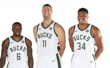 MILWAUKEE, WI - OCTOBER 4: Khris Middleton #22, Eric Beldsoe #6, Brook Lopez #11, and Giannis Antetokounmpo #34 of the Milwaukee Bucks pose for a portrait during Media Day at the Froedtert & the Medical College of Wisconsin Sports Science Center on October 4, 2019 in Milwaukee, Wisconsin. NOTE TO USER: User expressly acknowledges and agrees that, by downloading and/or using this photograph, user is consenting to the terms and conditions of the Getty Images License Agreement.  Mandatory Copyright Notice: Copyright 2019 NBAE (Photo by Gary Dineen/NBAE via Getty Images)