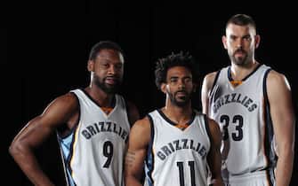 MEMPHIS, TN - APRIL 11:  Tony Allen #9, Marc Gasol #33, Mike Conley #11 and Zach Randolph #50 of the Memphis Grizzlies pose for a group photo on April 11, 2017 at FedExForum in Memphis, Tennessee. NOTE TO USER: User expressly acknowledges and agrees that, by downloading and or using this photograph, User is consenting to the terms and conditions of the Getty Images License Agreement. Mandatory Copyright Notice: Copyright 2017 NBAE (Photo by Joe Murphy/NBAE via Getty Images)