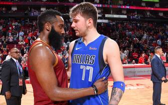 HOUSTON, TX - FEBRUARY 11: Luka Doncic #77 of the Dallas Mavericks and James Harden #13 of the Houston Rockets embrace following the game on February 11, 2019 at the Toyota Center in Houston, Texas. NOTE TO USER: User expressly acknowledges and agrees that, by downloading and or using this photograph, User is consenting to the terms and conditions of the Getty Images License Agreement. Mandatory Copyright Notice: Copyright 2019 NBAE (Photo by Bill Baptist/NBAE via Getty Images)