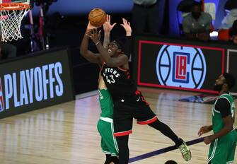 LAKE BUENA VISTA, FLORIDA - SEPTEMBER 09: Pascal Siakam #43 of the Toronto Raptors shoots against Jaylen Brown #7 of the Boston Celtics in the second half during Game Six of the second round of the 2020 NBA Playoffs at ESPN Wide World of Sports Complex on September 9, 2020 in Lake Buena Vista, Florida.  NOTE TO USER: User expressly acknowledges and agrees that, by downloading and or using this photograph, User is consenting to the terms and conditions of the Getty Images License Agreement. (Photo by Kim Klement-Pool/Getty Images)