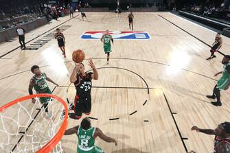 Orlando, FL - SEPTEMBER 9: Norman Powell #24 of the Toronto Raptors shoots the ball against the Boston Celtics during Game Six of the Eastern Conference Semifinals on September 9, 2020 in Orlando, Florida at The Field House. NOTE TO USER: User expressly acknowledges and agrees that, by downloading and/or using this Photograph, user is consenting to the terms and conditions of the Getty Images License Agreement. Mandatory Copyright Notice: Copyright 2020 NBAE (Photo by Nathaniel S. Butler/NBAE via Getty Images)