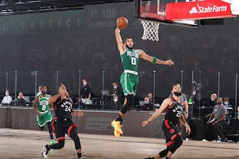 Orlando, FL - SEPTEMBER 9: Jayson Tatum #0 of the Boston Celtics shoots the ball against the Toronto Raptors during Game Six of the Eastern Conference Semifinals on September 9, 2020 in Orlando, Florida at The Field House. NOTE TO USER: User expressly acknowledges and agrees that, by downloading and/or using this Photograph, user is consenting to the terms and conditions of the Getty Images License Agreement. Mandatory Copyright Notice: Copyright 2020 NBAE (Photo by Nathaniel S. Butler/NBAE via Getty Images)