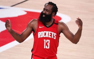 LAKE BUENA VISTA, FLORIDA - SEPTEMBER 10: James Harden #13 of the Houston Rockets reacts during the third quarter against the Los Angeles Lakers in Game Four of the Western Conference Second Round during the 2020 NBA Playoffs at AdventHealth Arena at the ESPN Wide World Of Sports Complex on September 10, 2020 in Lake Buena Vista, Florida. NOTE TO USER: User expressly acknowledges and agrees that, by downloading and or using this photograph, User is consenting to the terms and conditions of the Getty Images License Agreement.  (Photo by Michael Reaves/Getty Images)