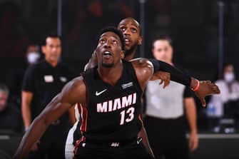 ORLANDO, FL - SEPTEMBER 4: Bam Adebayo #13 of the Miami Heat looks on against the Milwaukee Bucks during Game Three of the Eastern Conference Semifinals of the NBA Playoffs on September 4, 2020 at the The Field House at ESPN Wide World Of Sports Complex in Orlando, Florida. NOTE TO USER: User expressly acknowledges and agrees that, by downloading and/or using this Photograph, user is consenting to the terms and conditions of the Getty Images License Agreement. Mandatory Copyright Notice: Copyright 2020 NBAE (Photo by Garrett Ellwood/NBAE via Getty Images)