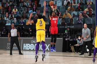 Orlando, FL - SEPTEMBER 10: Russell Westbrook #0 of the Houston Rockets shoots the ball against the Los Angeles Lakers during Game Four of the Western Conference Semifinals on September 10, 2020 in Orlando, Florida at AdventHealth Arena. NOTE TO USER: User expressly acknowledges and agrees that, by downloading and/or using this Photograph, user is consenting to the terms and conditions of the Getty Images License Agreement. Mandatory Copyright Notice: Copyright 2020 NBAE (Photo by Nathaniel S. Butler/NBAE via Getty Images)