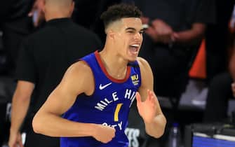 LAKE BUENA VISTA, FLORIDA - SEPTEMBER 11: Michael Porter Jr. #1 of the Denver Nuggets reacts during the fourth quarter against the LA Clippers in Game Five of the Western Conference Second Round during the 2020 NBA Playoffs at The Field House at the ESPN Wide World Of Sports Complex on September 11, 2020 in Lake Buena Vista, Florida. NOTE TO USER: User expressly acknowledges and agrees that, by downloading and or using this photograph, User is consenting to the terms and conditions of the Getty Images License Agreement. (Photo by Michael Reaves/Getty Images)