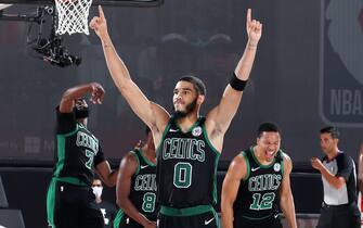 ORLANDO, FL - SEPTEMBER 11: Jayson Tatum #0 of the Boston Celtics reacts to a play during the game against the Toronto Raptors during Game Seven of the Eastern Conference Semifinals of the NBA Playoffs on September 11, 2020 at The AdventHealth Arena at ESPN Wide World Of Sports Complex in Orlando, Florida. NOTE TO USER: User expressly acknowledges and agrees that, by downloading and/or using this Photograph, user is consenting to the terms and conditions of the Getty Images License Agreement. Mandatory Copyright Notice: Copyright 2020 NBAE (Photo by Nathaniel S. Butler/NBAE via Getty Images)