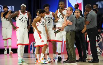 ORLANDO, FL - SEPTEMBER 1: The Toronto Raptors huddle up during a game against the Boston Celtics during Game Two of the Eastern Conference Semifinals of the NBA Playoffs on September 1, 2020 at the The Field House at ESPN Wide World Of Sports Complex in Orlando, Florida. NOTE TO USER: User expressly acknowledges and agrees that, by downloading and/or using this Photograph, user is consenting to the terms and conditions of the Getty Images License Agreement. Mandatory Copyright Notice: Copyright 2020 NBAE (Photo by Jesse D. Garrabrant/NBAE via Getty Images)