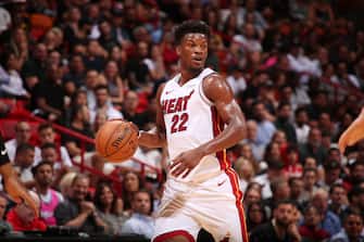 MIAMI, FL - OCTOBER 29: Jimmy Butler #22 of the Miami Heat handles the ball against the Atlanta Hawks on October 29, 2019 at American Airlines Arena in Miami, Florida. NOTE TO USER: User expressly acknowledges and agrees that, by downloading and or using this Photograph, user is consenting to the terms and conditions of the Getty Images License Agreement. Mandatory Copyright Notice: Copyright 2019 NBAE (Photo by Issac Baldizon/NBAE via Getty Images)
