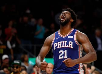ATLANTA, GEORGIA - OCTOBER 28:  Joel Embiid #21 of the Philadelphia 76ers reacts after their 105-103 win over the Atlanta Hawks at State Farm Arena on October 28, 2019 in Atlanta, Georgia.  NOTE TO USER: User expressly acknowledges and agrees that, by downloading and/or using this photograph, user is consenting to the terms and conditions of the Getty Images License Agreement.  (Photo by Kevin C. Cox/Getty Images)