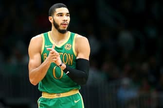 BOSTON, MASSACHUSETTS - DECEMBER 12: Jayson Tatum #0 of the Boston Celtics claps during the game against the Philadelphia 76ers at TD Garden on December 12, 2019 in Boston, Massachusetts.  NOTE TO USER: User expressly acknowledges and agrees that, by downloading and or using this photograph, User is consenting to the terms and conditions of the Getty Images License Agreement.  (Photo by Maddie Meyer/Getty Images)