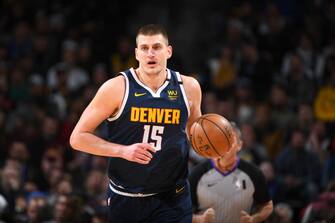 DENVER, CO - FEBRUARY 4: Nikola Jokic #15 of the Denver Nuggets handles the ball against the Portland Trail Blazers on February 4, 2020 at the Pepsi Center in Denver, Colorado. NOTE TO USER: User expressly acknowledges and agrees that, by downloading and/or using this Photograph, user is consenting to the terms and conditions of the Getty Images License Agreement. Mandatory Copyright Notice: Copyright 2020 NBAE (Photo by Garrett Ellwood/NBAE via Getty Images)