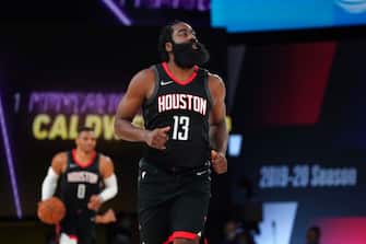 ORLANDO, FL - SEPTEMBER 12: James Harden #13 of the Houston Rockets looks on during Game Five of the Western Conference SemiFinals of the NBA Playoffs on September 12, 2020 at AdventHealth Arena in Orlando, Florida. NOTE TO USER: User expressly acknowledges and agrees that, by downloading and/or using this Photograph, user is consenting to the terms and conditions of the Getty Images License Agreement. Mandatory Copyright Notice: Copyright 2020 NBAE (Photo by Jesse D. Garrabrant/NBAE via Getty Images)