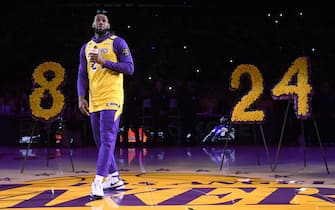 LOS ANGELES, CALIFORNIA - JANUARY 31:  LeBron James speaks during the Los Angeles Lakers pregame ceremony to honor Kobe Bryant before the game against the Portland Trail Blazers at Staples Center on January 31, 2020 in Los Angeles, California. (Photo by Harry How/Getty Images)