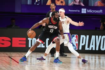 ORLANDO, FL - SEPTEMBER 12: James Harden #13 of the Houston Rockets handles the ball against the Los Angeles Lakers during Game Five of the Western Conference SemiFinals of the NBA Playoffs on September 12, 2020 at AdventHealth Arena in Orlando, Florida. NOTE TO USER: User expressly acknowledges and agrees that, by downloading and/or using this Photograph, user is consenting to the terms and conditions of the Getty Images License Agreement. Mandatory Copyright Notice: Copyright 2020 NBAE (Photo by Nathaniel S. Butler/NBAE via Getty Images)