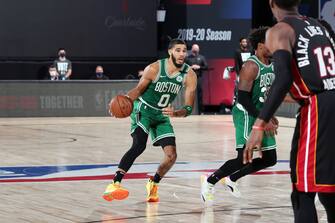 ORLANDO, FL - SEPTEMBER 19: Jayson Tatum #0 of the Boston Celtics handles the ball during the game against the Miami Heat during Game Three of the Eastern Conference Finals of the NBA Playoffs on September 19, 2020 at The AdventHealth Arena at ESPN Wide World Of Sports Complex in Orlando, Florida. NOTE TO USER: User expressly acknowledges and agrees that, by downloading and/or using this Photograph, user is consenting to the terms and conditions of the Getty Images License Agreement. Mandatory Copyright Notice: Copyright 2020 NBAE (Photo by Nathaniel S. Butler/NBAE via Getty Images)