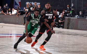 ORLANDO, FL - SEPTEMBER 19: Jaylen Brown #7 of the Boston Celtics handles the ball during the game against the Miami Heat during Game Three of the Eastern Conference Finals of the NBA Playoffs on September 19, 2020 at The AdventHealth Arena at ESPN Wide World Of Sports Complex in Orlando, Florida. NOTE TO USER: User expressly acknowledges and agrees that, by downloading and/or using this Photograph, user is consenting to the terms and conditions of the Getty Images License Agreement. Mandatory Copyright Notice: Copyright 2020 NBAE (Photo by Nathaniel S. Butler/NBAE via Getty Images)