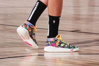 ORLANDO, FL - SEPTEMBER 17: The sneakers worn by Daniel Theis #27 of the Boston Celtics during the game against the Miami Heat during Game Two of the Eastern Conference Finals of the NBA Playoffs on September 17, 2020 at The AdventHealth Arena at ESPN Wide World Of Sports Complex in Orlando, Florida. NOTE TO USER: User expressly acknowledges and agrees that, by downloading and/or using this Photograph, user is consenting to the terms and conditions of the Getty Images License Agreement. Mandatory Copyright Notice: Copyright 2020 NBAE (Photo by Nathaniel S. Butler/NBAE via Getty Images)