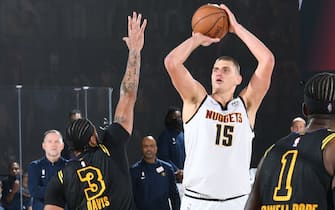 ORLANDO, FL - SEPTEMBER 20: Nikola Jokic #15 of the Denver Nuggets shoots the ball against the Los Angeles Lakers during Game Two of the Western Conference Finals of the NBA Playoffs on September 20, 2020 at AdventHealth Arena in Orlando, Florida. NOTE TO USER: User expressly acknowledges and agrees that, by downloading and/or using this Photograph, user is consenting to the terms and conditions of the Getty Images License Agreement. Mandatory Copyright Notice: Copyright 2020 NBAE (Photo by Andrew D. Bernstein/NBAE via Getty Images)
