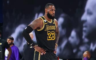 ORLANDO, FL - SEPTEMBER 20: LeBron James #23 of the Los Angeles Lakers looks on during a game against the Denver Nuggets during Game One of the Western Conference Finals of the NBA Playoffs on September 20, 2020 at AdventHealth Arena in Orlando, Florida. NOTE TO USER: User expressly acknowledges and agrees that, by downloading and/or using this Photograph, user is consenting to the terms and conditions of the Getty Images License Agreement. Mandatory Copyright Notice: Copyright 2020 NBAE (Photo by Jesse D. Garrabrant/NBAE via Getty Images)